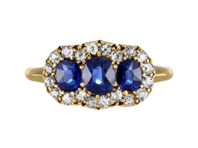 Sapphire and diamond triple cluster ring, English, circa 1890. 