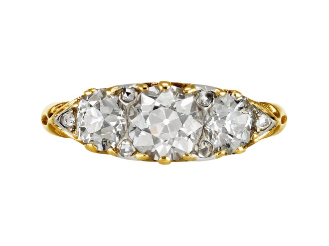 Victorian diamond three stone ring, circa 1900.