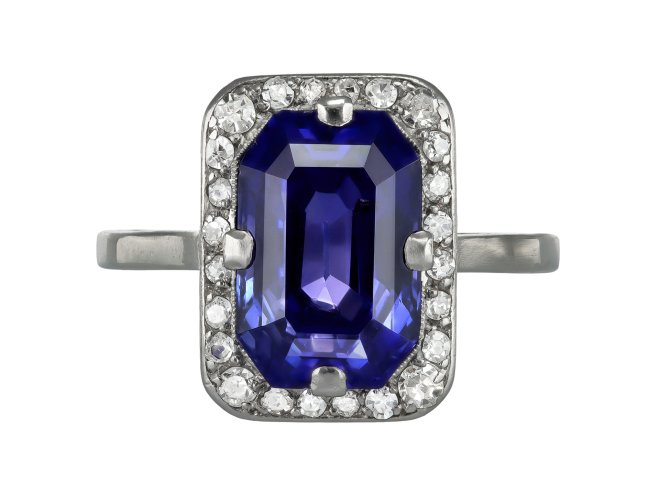 Art Deco purple sapphire and diamond cluster ring, circa 1920.