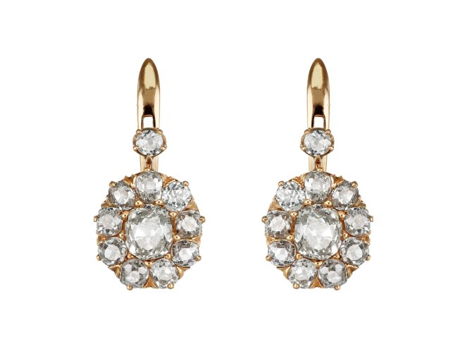 Old mine diamond cluster earrings, circa 1905. 