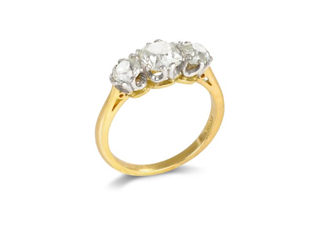 Diamond three stone ring, circa 1905. 
