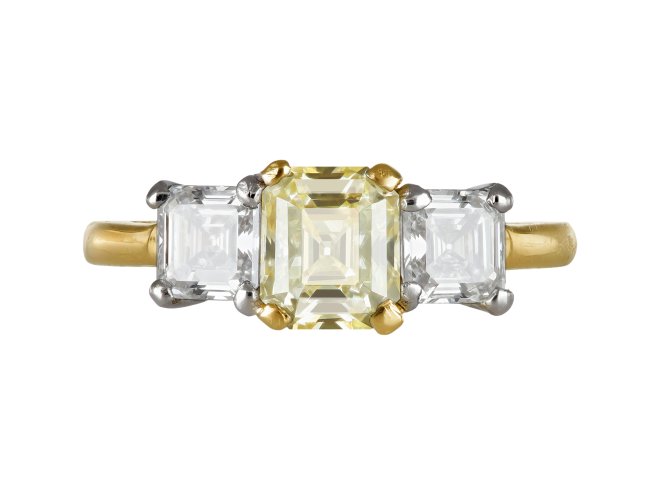 Fancy Yellow Diamond diamond three stone.