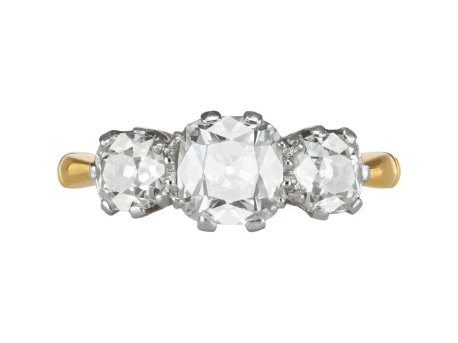 Old mine diamond three stone ring, circa 1910.
