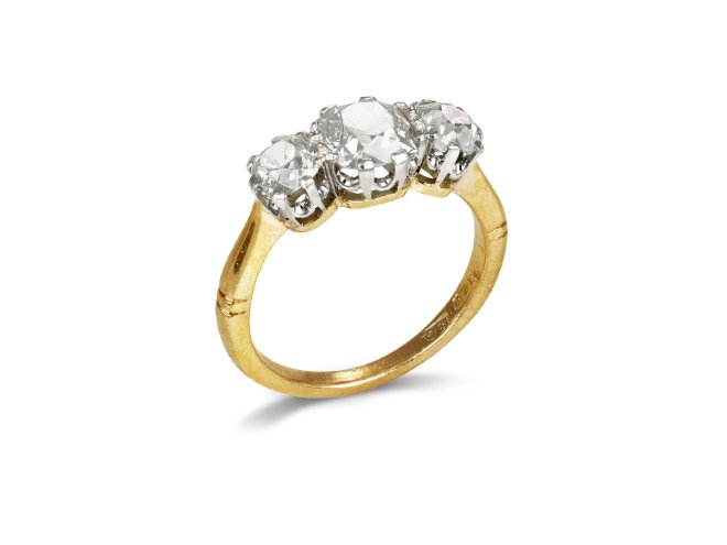 Old mine diamond three stone ring, circa 1910.