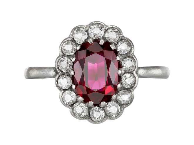 Ruby and diamond coronet cluster, circa 1920. 