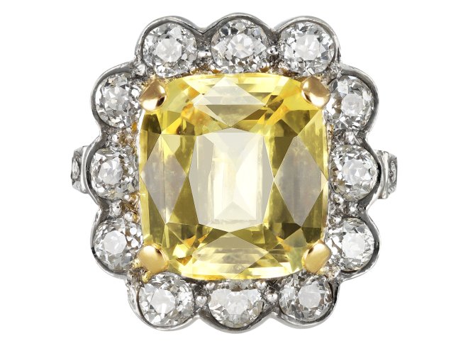 Yellow Ceylon sapphire and diamond coronet cluster ring, circa 1910.