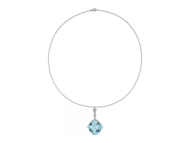 Aquamarine and diamond pendant, circa 1905. 