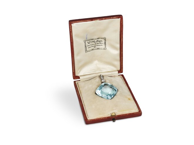 Aquamarine and diamond pendant, circa 1905. 
