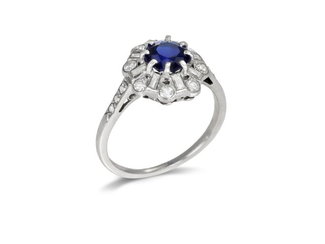 Sapphire and diamond cluster ring, circa 1950. 