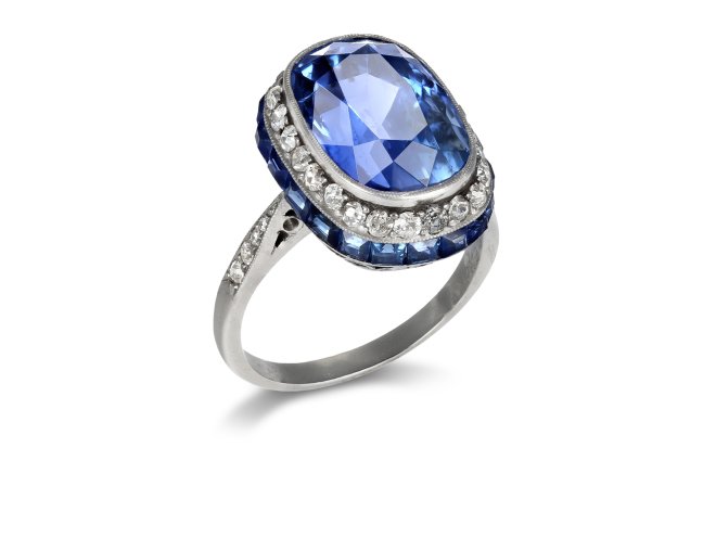 Ceylon sapphire and diamond coronet cluster ring, circa 1920.