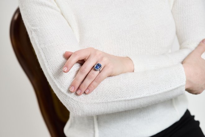 Ceylon sapphire and diamond coronet cluster ring, circa 1920.