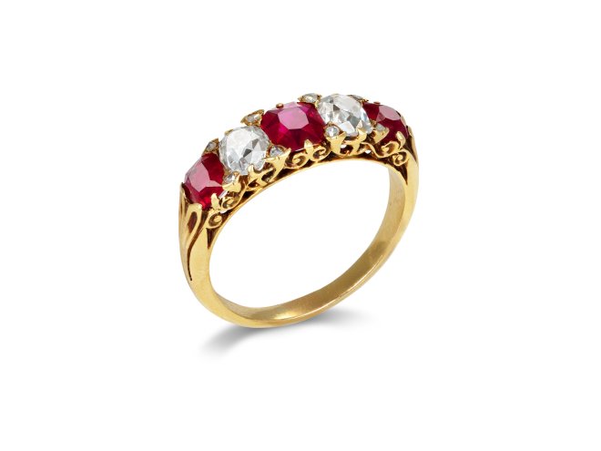 Burmese ruby and diamond five stone ring, circa 1890.