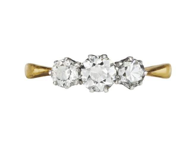 Old cut diamond three stone ring, circa 1910.