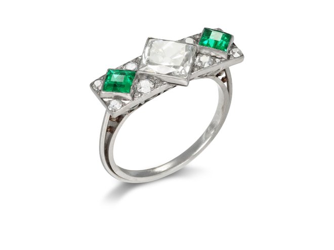 Emerald and diamond cluster ring, French, circa 1930. 