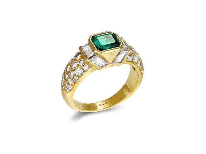 Boucheron emerald and diamond cluster ring, French, circa 1980.
