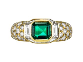 Boucheron emerald and diamond cluster ring, French, circa 1980.