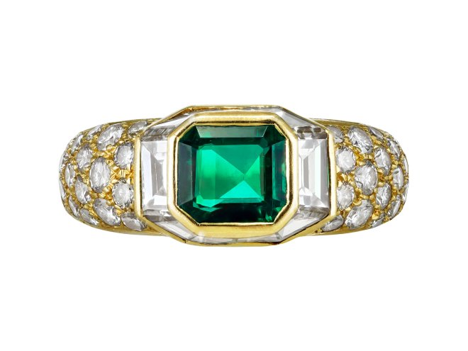 Boucheron emerald and diamond cluster ring, French, circa 1980.