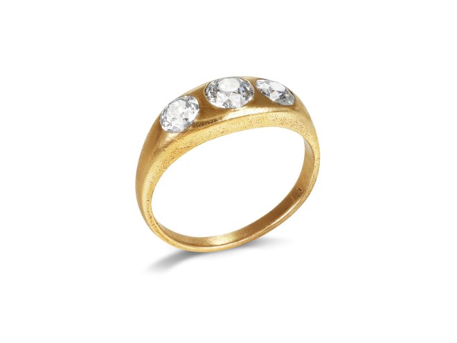 Victorian diamond three stone gypsy ring, circa 1890.