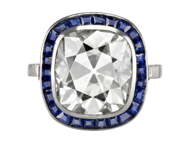 8.46 carat Diamond and sapphire target ring, circa 1920.