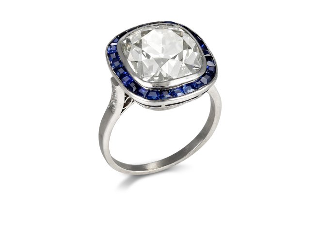 8.46 carat Diamond and sapphire target ring, circa 1920.