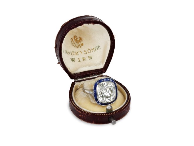 8.46 carat Diamond and sapphire target ring, circa 1920.