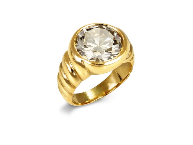 5.37 carat Fancy Deep Brownish Yellow Diamond solitaire.
