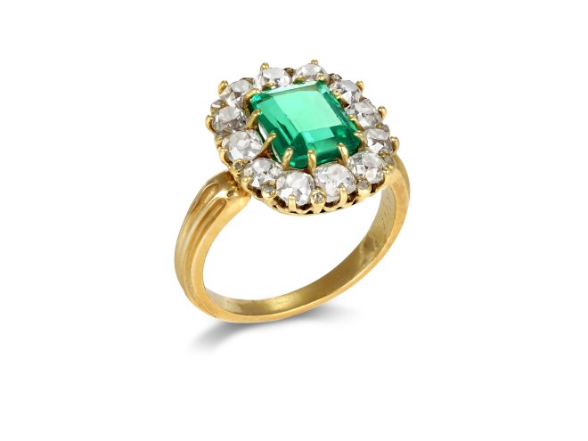 Emerald and Diamond coronet cluster ring, circa 1870. 