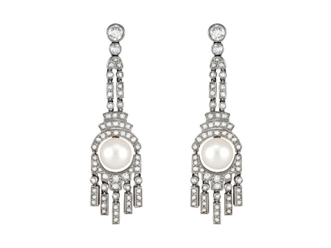 Art Deco Natural pearl and diamond drop earrings, circa 1925.