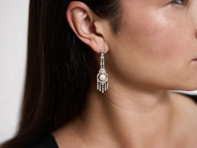 Art Deco Natural pearl and diamond drop earrings, circa 1925.