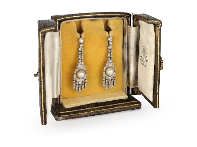 Art Deco Natural pearl and diamond drop earrings, circa 1925.