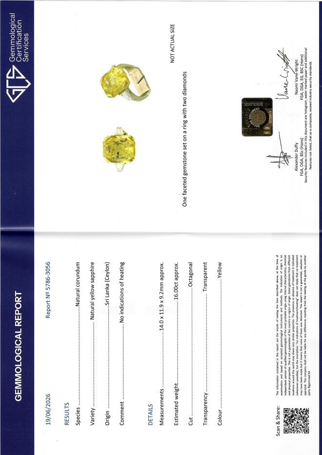 Yellow Ceylon sapphire and diamond flanked solitaire ring, English, 1986. 