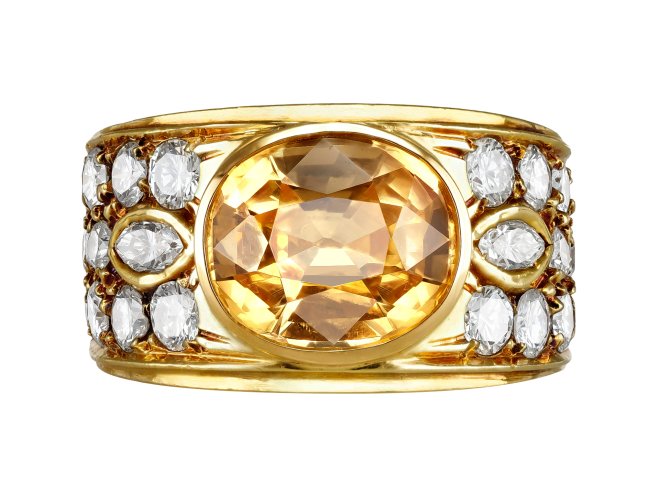 Yellow Ceylon sapphire and diamond cluster ring, Italian, circa 1970.
