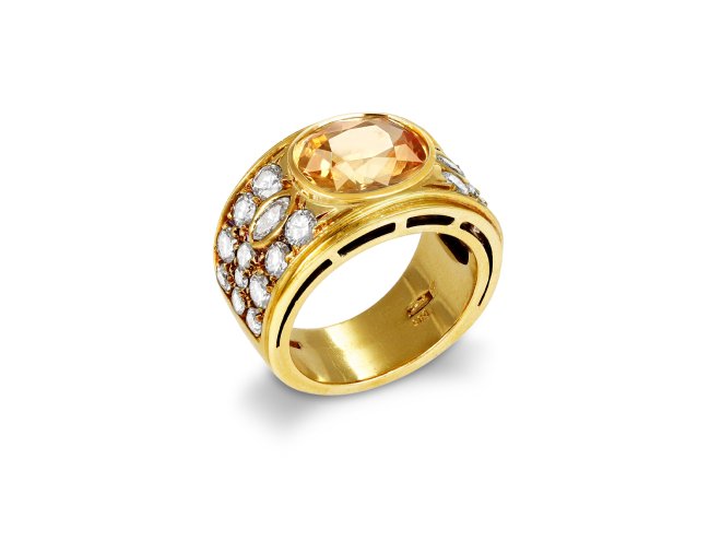 Yellow Ceylon sapphire and diamond cluster ring, Italian, circa 1970.