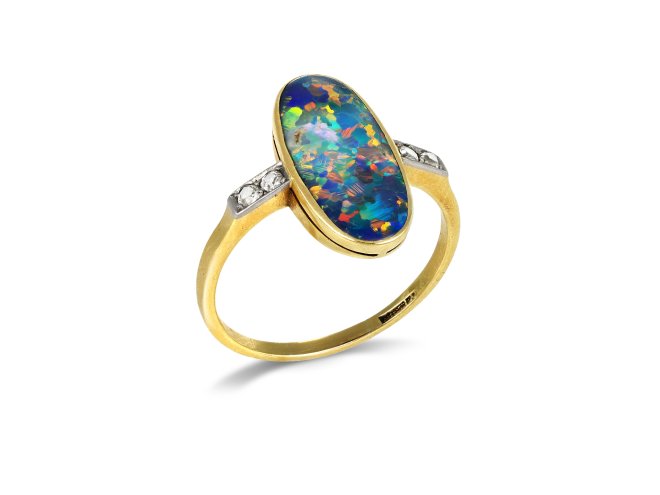 Edwardian opal and diamond flanked solitaire ring, circa 1915