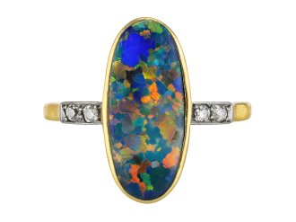 Edwardian opal and diamond flanked solitaire ring, circa 1915