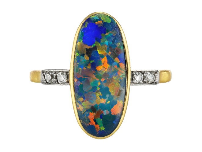 Edwardian opal and diamond flanked solitaire ring, circa 1915
