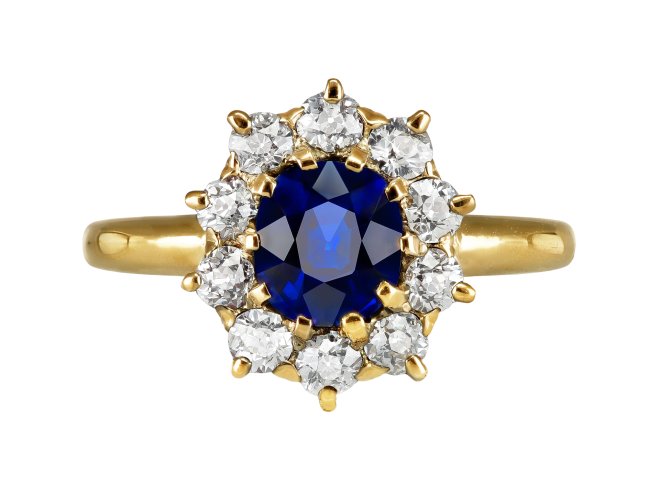Theodore B. Starr sapphire and diamond coronet cluster ring, American, circa 1900.