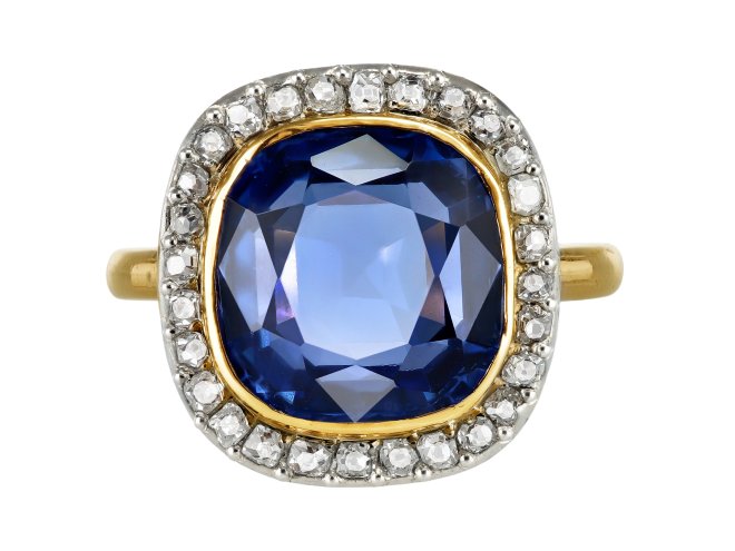 Ceylon sapphire and diamond coronet cluster ring, circa 1915.