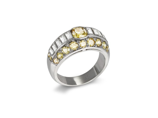 Fancy Yellow diamond cluster ring, circa 1925. 