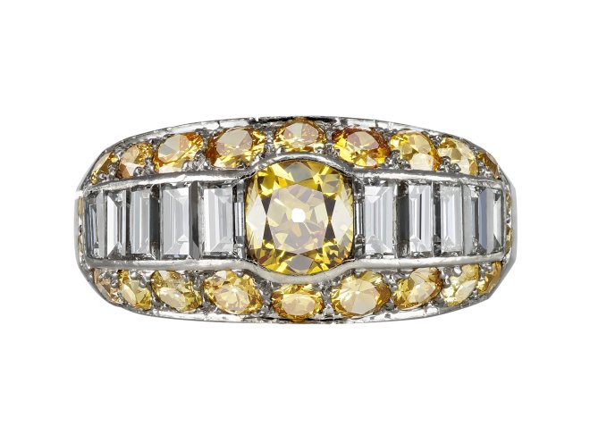 Fancy Yellow diamond cluster ring, circa 1925. 