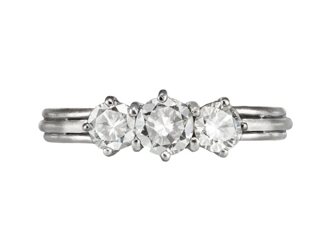 Diamond three stone ring, circa 1950. 