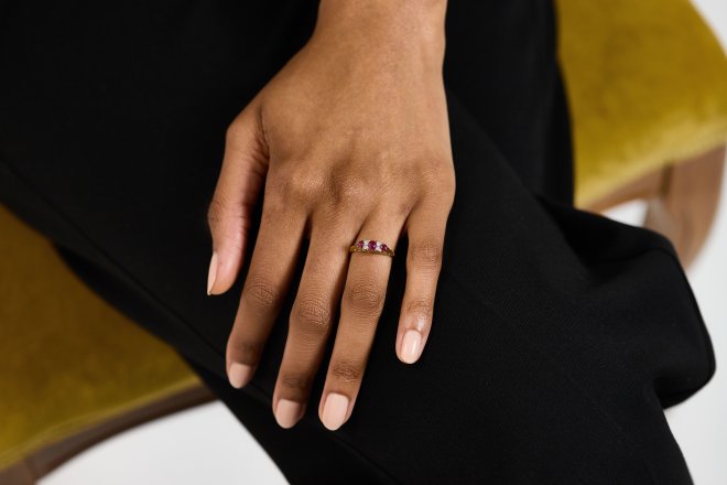 Ruby and diamond seven stone ring, circa 1890. 