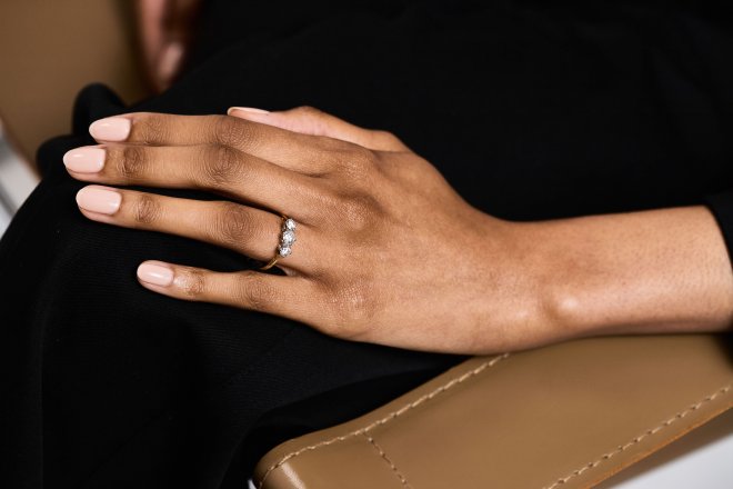 Diamond three stone ring, circa 1940. 