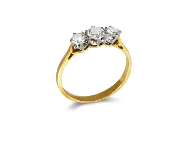 Diamond three stone ring, circa 1940. 