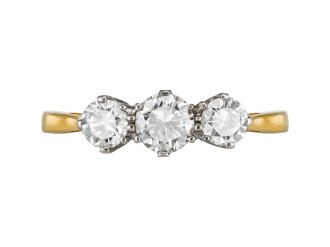 Diamond three stone ring, circa 1940. 