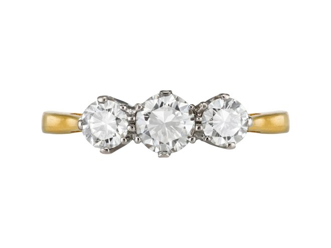 Diamond three stone ring, circa 1940. 