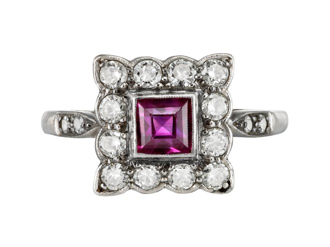 Burmese ruby and diamond coronet cluster, circa 1930.