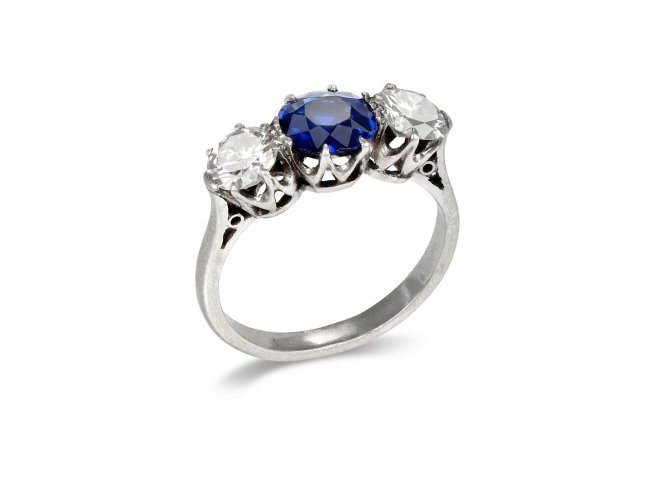 Sapphire and diamond three stone ring, circa 