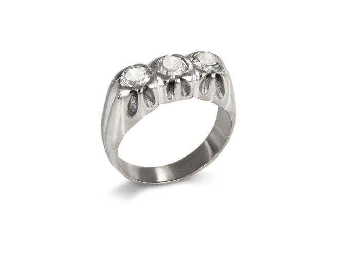 Diamond three stone ring, circa 1950.
