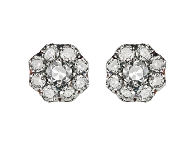 Diamond coronet cluster studs, circa 1890.